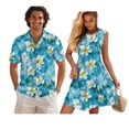 thumbnail image 1 of Jeiento Matching Hawaiian Outfits for Couples Mens Button Down Shirt Womens Hawaiian Dresses Plumeria Couple Matching Outfits Loose Fit Tiered Tank Dresses, Blue, 1 of 6