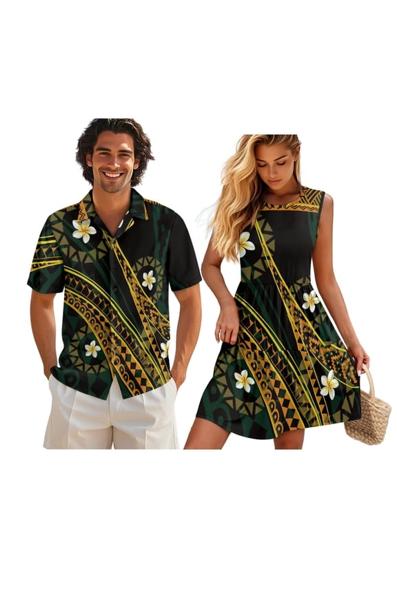 His and Hers Matching Outfits Mens Shirts Womens Summer Dresses Tank Mini Dress Polynesian Floral Men's Button Down Shirts Sleeveless A-Line T-Shirt Dresses Beach Sundress