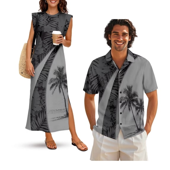 Jeiento His and Hers Matching Outfits Mens Summer Shirts Hawaiian Dress for Women Business Maxi Dress Coconut Tree Summer Sleeveless Work Pencil Skirt Matching Cruise Outfits for Couples, Gray