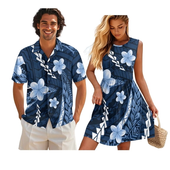 Jeiento His and Hers Matching Outfits Polynesian Dress Woman Summer Dress Blue Floral Mens Hawaiian Shirt Matching Tropical Outfits for Couples Tank Dresses Sleeveless Tiered