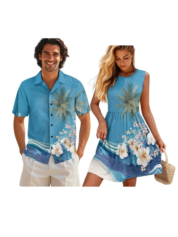 Matching Vacation Outfits for Couples Hawaiian Button Down Shirt for Men Coconut Tree Trendy Hawaiian Luau Dresses, Blue