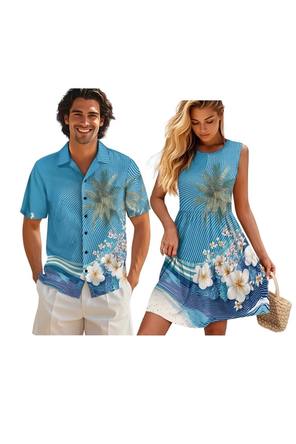Matching Vacation Outfits for Couples Hawaiian Button Down Shirt for Men Coconut Tree Trendy Hawaiian Luau Dresses, Blue