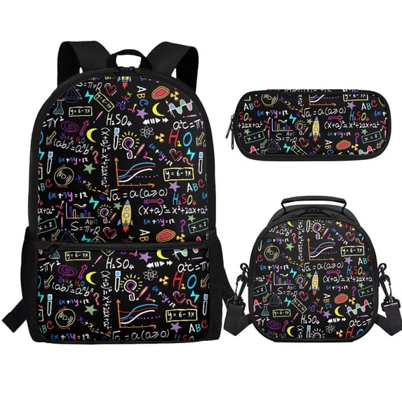 Jeiento Math Formula Backpack for Girls Bookbag Set with Lunchbox Lightweight Elementary School Bag 3rd Grade School Supplies 3 in 1Primary Book Bag Black