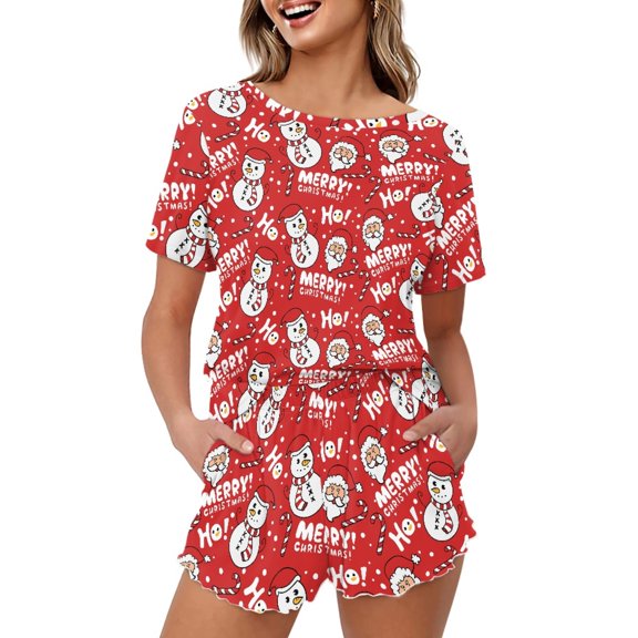 Jeiento Merry Christmas Pajamas Sets for Women, 2 Piece Pjs Set Sleepwear Top and Shorts with Pocket Cute Snowman Nightwear Xmas Red Short Sleeve Nightwear, Size 3XL
