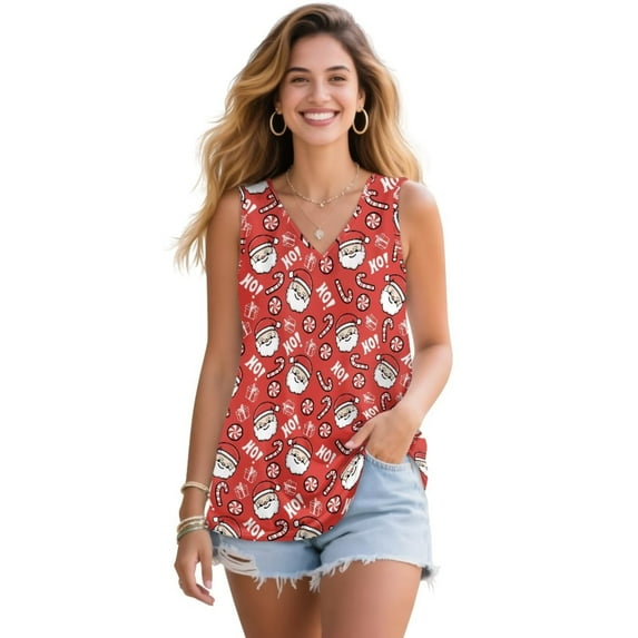 Jeiento Merry Christmas Santa Claus T-shirt Sleeveless Shirt for Women Lady Fashion Outfits Loose Fit Dressy Pleated Tunic Tops Xmas Theme Womens Tank Tops for Festival Party,L