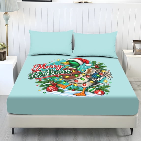 Jeiento Merry Duckmas Printed 3-Piece Bed Sheet Bedding Set with 2 Pillow Shams, Soft Breathable Christmas Themed Fitted Sheet for Holiday Bedroom Decor, All Season Use, Queen Size