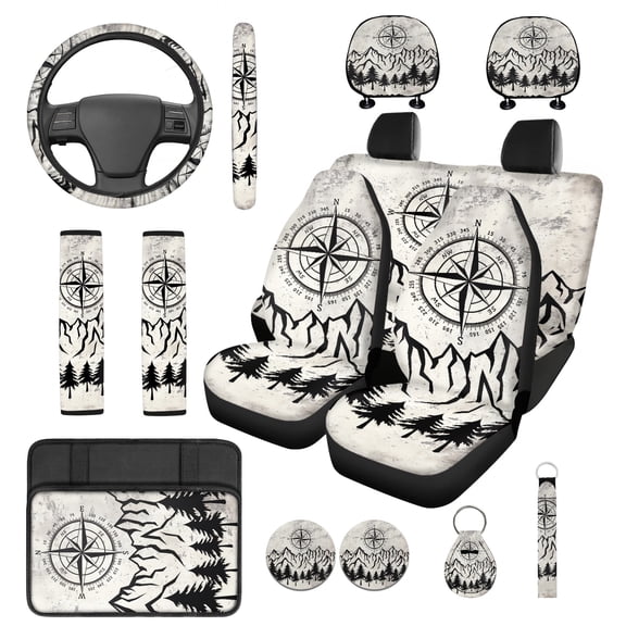 Jeiento Mountain 14 Pack Car Front Rear Seat Covers Steering Wheel Cover Seatbelt Cushion Armrest Cover Headrest Covers Coasters Keychain, Auto Interior Accessories for Men Women