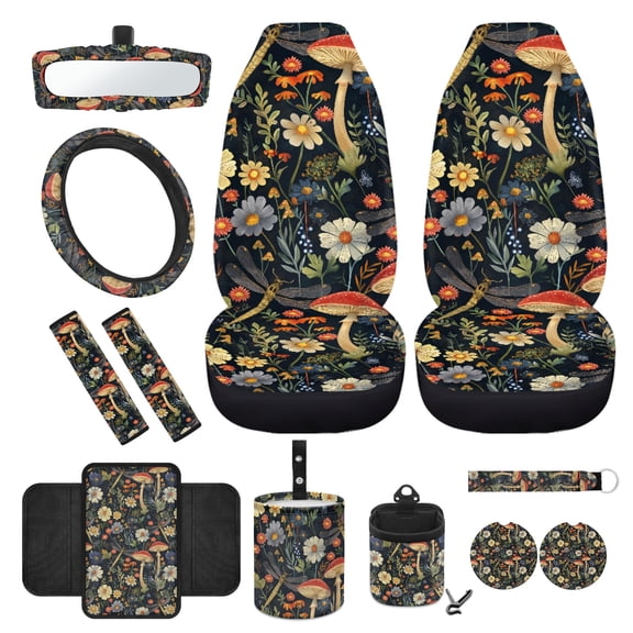 Jeiento Mushroom Car Seat Covers Full Set of 12 Floral Steering Wheel Cover Seatbelt Strap Pad Armrest Box Mat Garbage Bin Hanging Storage Bag Rearview Mirror Cover Cup Holders for Women Men