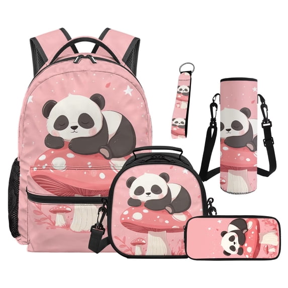 Jeiento Mushroom Panda Backpack And Lunch Box Set for Girls Elementary Kids 5 Piece 16 Inch Water-Resistant Polyester School Backpack Set with Padded Adjustable Straps