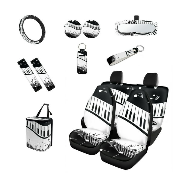 Jeiento Music Note Car Accessories Sets with Car Seat Covers Steering Wheel Cover Seatbelt Shoulder Pad Trash Can Auto Rear View Mirror Covers Coasters Keychain Lipstick Holder 13 PCS Car Decor
