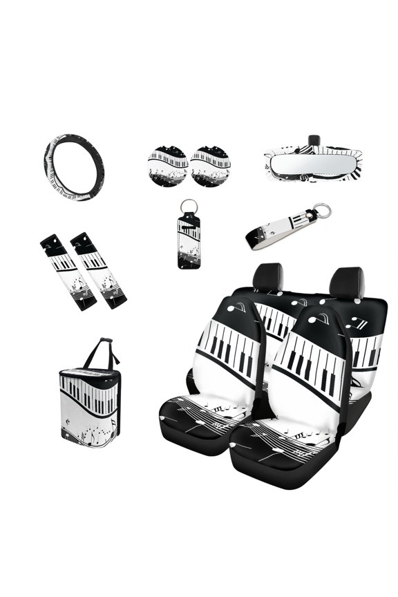 Music Note Car Accessories Sets with Car Seat Covers Steering Wheel Cover Seatbelt Shoulder Pad Trash Can Auto Rear View Mirror Covers Coasters Keychain Lipstick Holder 13 PCS Car Decor