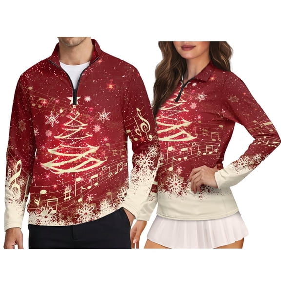 Jeiento Music Xmas Tree Matching Golf Outfits, Womens Golf Shirt Quick-dry stretch fabric, long sleeve cut. Includes women golf shirt and men top for holiday parties and travel