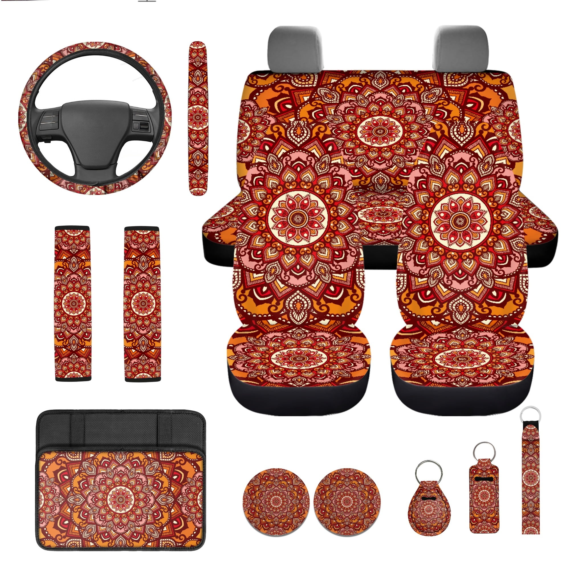 Jeiento Orange Boho Mandala 13 Pack Car Seat Cover Set with Steering Wheel, Seat Belt Strap, Armrest, Coaster, Keychain, Lipstick Holder Universal Auto Interior Sets - Fit SUV, Sedan, Van, Truck