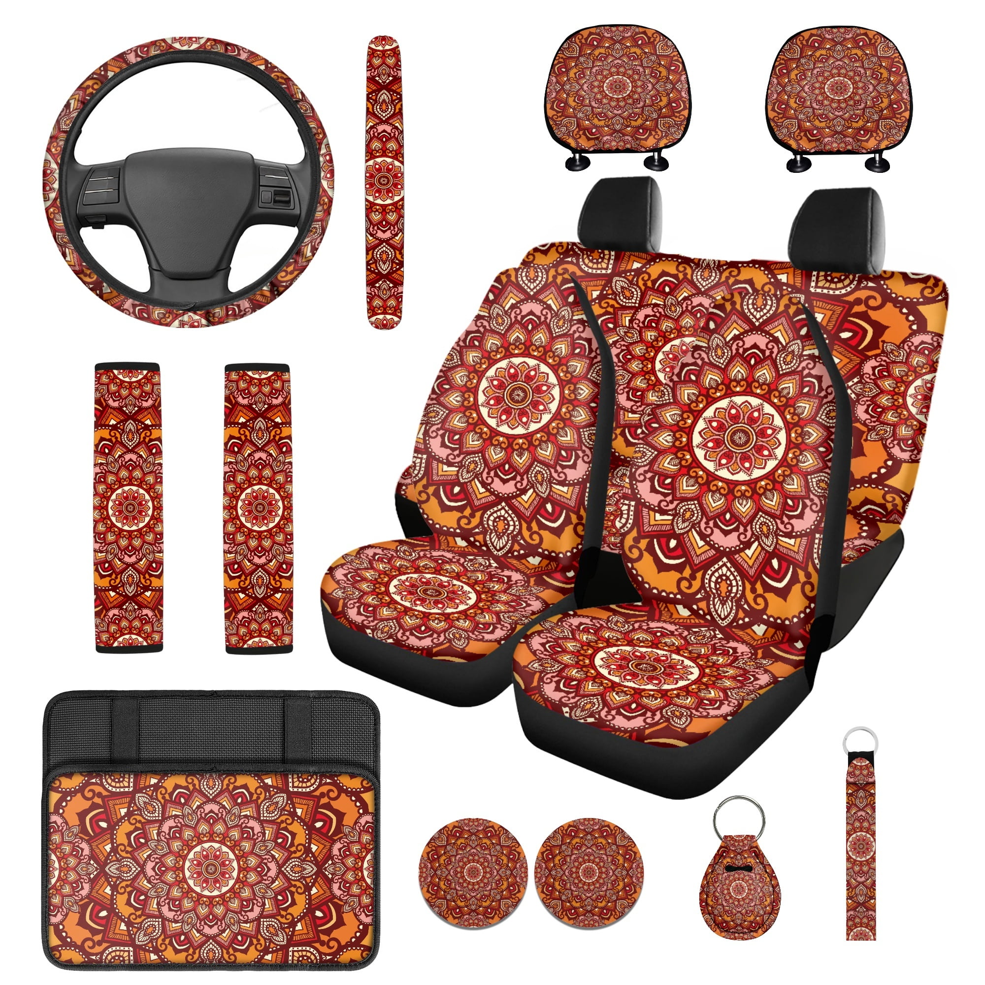 Jeiento Orange Boho Mandala Car Seat Covers Full Set with Steering Wheel Cover Safe Belt Pads Headrest Covers Coasters Center Console Cover Keychain 14 PCS Auto Accessory Interior Sets
