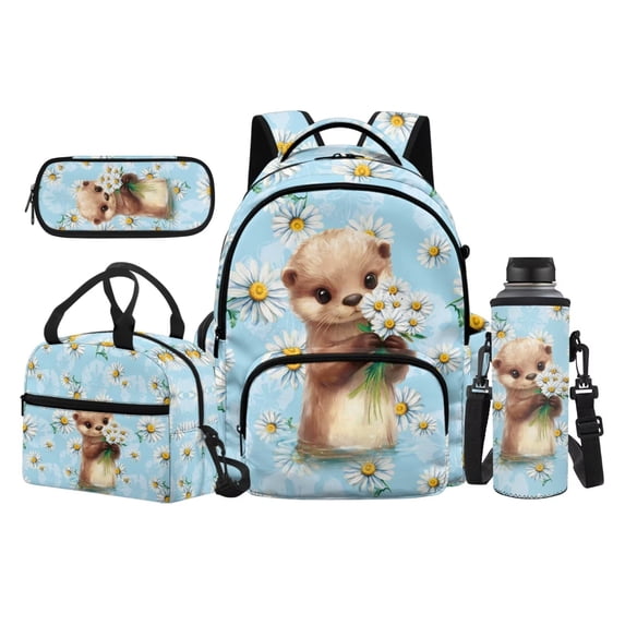 Jeiento Otter 17 Inch School Backpack Set 4-Piece Lunch Bag Pencil Case Water Bottle Holder Daisy Lightweight Large Capacity Bookbag for Boys Girls Kids Students