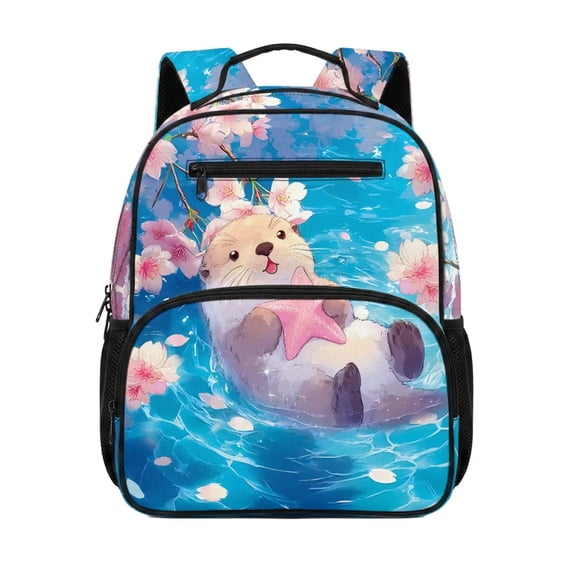 Jeiento Otter Lightweight Toddler Backpack for Preschool, Cherry Blossom 13.5 Inch School Bag for 3-5 Year Old Girls, Bookbag with 2 Front Zipper Pockets