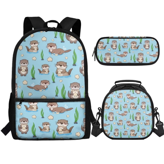 Jeiento Otter School Backpack for Girls 17 Inch Kids Schoolbags Set with Insulated Lunchbox Pencil Case Boys 3 Pack Blue Bookbag Children Large Capacity Book Bag with Side Pocket