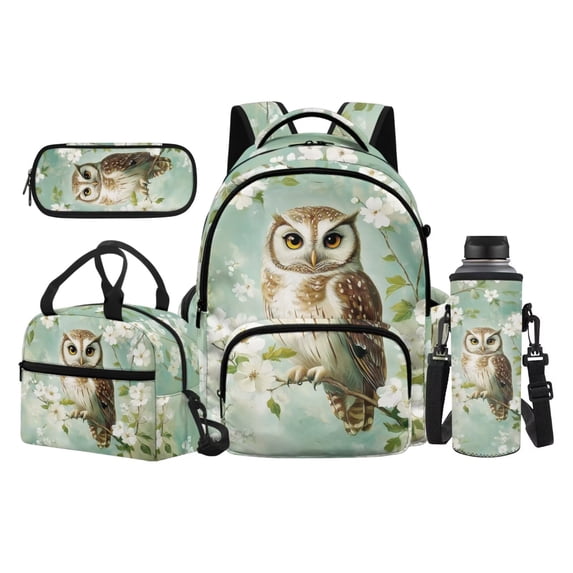 Jeiento Owl 17 Inch Kids Book Bag Set 4-Piece Lunch Bag Pencil Case Water Bottle Holder Lightweight Large Capacity Schoolbag for Elementary Middle School