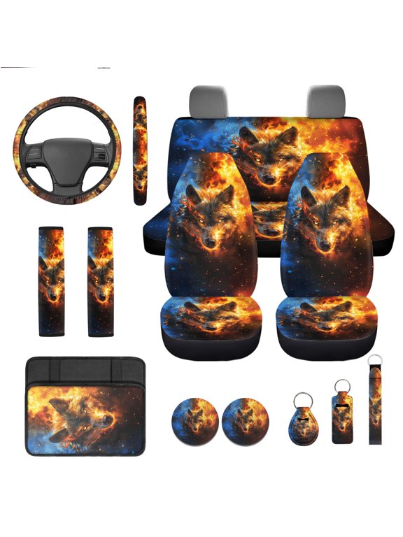 Wolf Car Seat Covers Front Rear Split Bench Full Set Steering Wheel Seat Belt Pads Armrest Pad Coasters Keychain, Abstract Fire 13 PCS Auto Interior Accessory Fit for Most Cars SUV Sedan