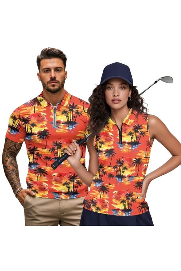 Palm Tree Matching Golf Shirts for Couples Womens Sleeveless Tennis Tank Tops Tropical Sunset Mens Short Sleeve Quick Dry Couple Activewear Set Moisture Wicking Golf Clothing