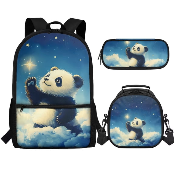 Jeiento Panda School Backpack with Lunch Bag Starry Sky Middle School Bookbag for Boys 5th Grade Kids School Bag Set for Girls 6-8 Student Insulated Lunch Box Pencil Box, 3 PCS, Blue