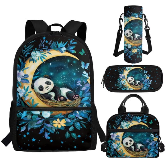 Jeiento Panda School Bag for Kids School Backpack for Elementary Studnets Moon Flower Bookbag with Lunch Box 4 Pcs Kids Backpack with Pencilcase for Boys Back Pack