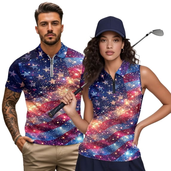 Jeiento Patriotic Matching Golf Shirts for Couple Breathable Golf Tennis Tank Top for Women Sparkly American Flag Mens Golf Shirts, 4Th of July, Women's M