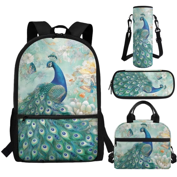Jeiento Peacock Boys Backpack with Lunch Box Ages 10-12 Kids School Bag and Lunch Bag Pencil Case Water Bottle Holder Girls Elementary Bookbag Set 4 In 1 Middle Students School Satchel