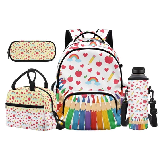 Jeiento Pencil 17 Inch Kids Backpack Set 4-Piece Lunch Bag Pencil Case Water Bottle Holder Lightweight Large Capacity School Bag for Elementary Middle School Students