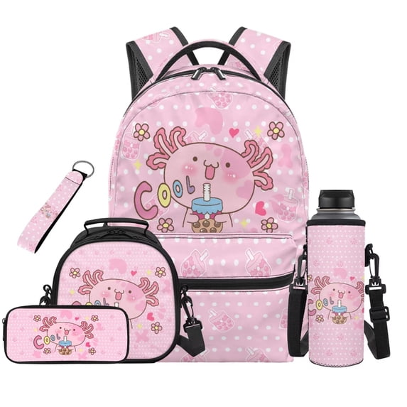 Jeiento Pink Axolotl Backpack Set of 5 Kawaii 17 Inch Soft Backpack with Lunch Bag Pencil Pouch for 9-12 Years Old Elementary to Middle School Cute Bookbag Set