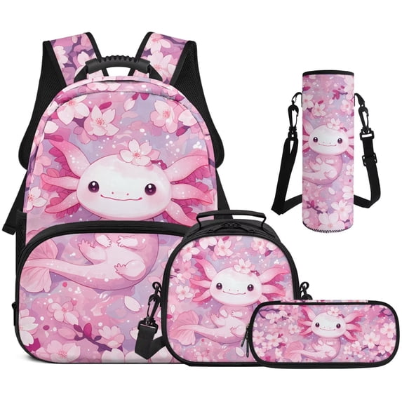 Jeiento Pink Axolotl School Backpacks for Teen Girls 4 Piece Backpack with Lunch Box Pencil Case Water Bottle Holder Kawaii Travel Daypack Sport Bookbag Shoulder Strap