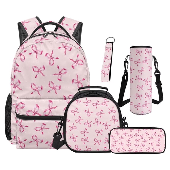 Jeiento Pink Bow Backpack Set of 5 Fashion 17 Inch Adjustable Padded Straps Backpack with Lunch Box Pencil Pouch for 9-12 Years Old Kids Middle School School Supply Set