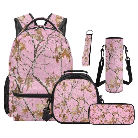 Jeiento Pink Camo Backpack Set of 5 Hunting Branch 17 Inch Adjustable Padded Straps Backpack with Lunch Box Pencil Pouch for 9-12 Years Old Kids Middle School School Supply Set