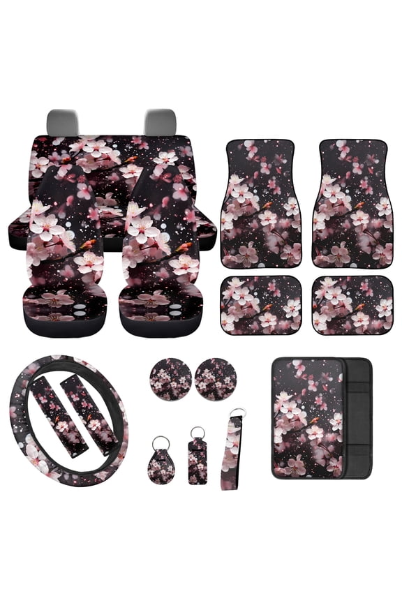 Pink Cherry Blossom Car Seat Cover Full Set, Universal Fit Seat Covers for Car Front Rear Cover, Floor Mat Center Console Pad Safety Belt Pad for Women Men, Removable