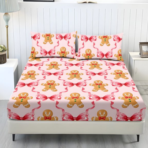 Jeiento Pink Gingerbread Bow Printed 3-Piece Bed Sheet Set, Soft Breathable Bedding Set with Deep Pocket Fitted Sheet & 2, Cute Christmas Decor for Bedroom Guest Room, Full Size