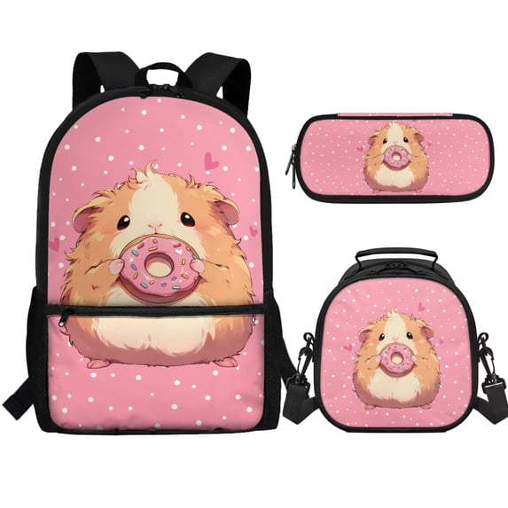 Jeiento Pink Hamster Backpack with Lunch Box for Kids Age 8-10 3 in 1 Primary School Book Bags 4th Grade with Pen Box Lunch Bag Set Cute Children School Bag and Lunchbox