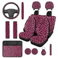 thumbnail image 1 of Jeiento Pink Leopard Print Car Seat Cover Set with Steering Wheel Cover Seat Belt Strap Pads Cup Holder Armrest Cover Pad Headrest Covers, 14 Piece, 1 of 7