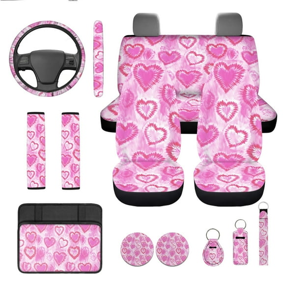 Jeiento Pink Love Heart Car Seat Cover Full Set with Steering Wheel Cover Seat Belt Pads Auto Armrest Covers Cup Holders Keychain Fit for Most Vehicles Interior Auto Accessory Sets