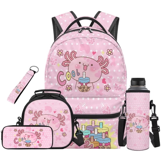 Jeiento Pink Polka Dot Axolotl Backpack for Girls with Lunchbox, Pencil Case, Water Bottle Pouch & Keychain 5 PCS Elementary Middle School Bookbag Set for 3rd-6th Grade Kids Age 8-12