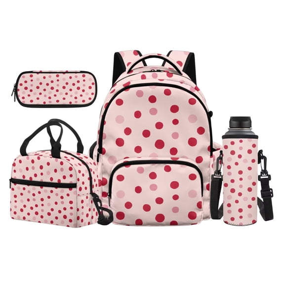 Jeiento Pink Polka Dots 17 Inch Large Capacity Book Bag Set 4-Piece Lunch Bag Pencil Case Water Bottle Holder Lightweight Durable School Backpack for Kids Teens