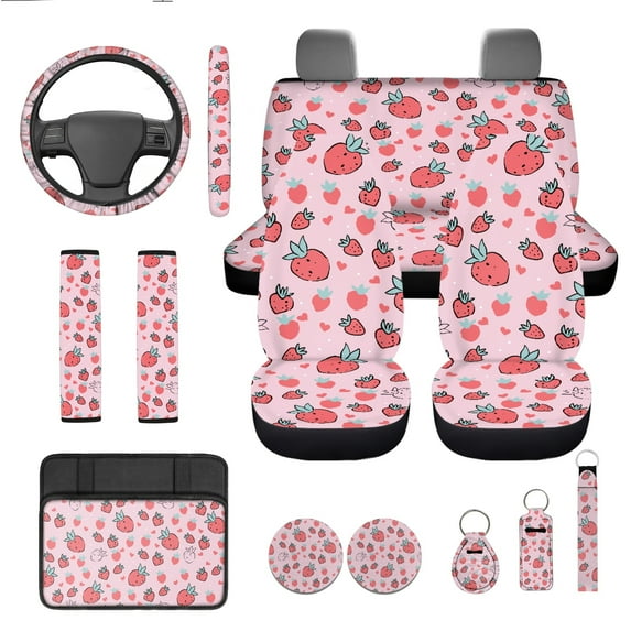 Jeiento Pink Strawberry 13 Pcs Car Seat Cover Full Set Automotive Interior Accessories with Steering Wheel Cover, Seat Belt Pad, Armrest Covers, Coasters Universal Fits Most Vehicles