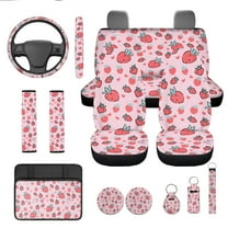 Jeiento Pink Strawberry 13 Pcs Car Seat Cover Full Set Automotive Interior Accessories with Steering Wheel Cover, Seat Belt Pad, Armrest Covers, Coasters Universal Fits Most Vehicles