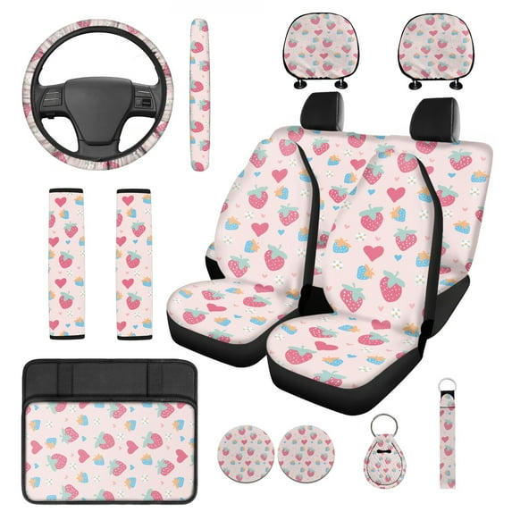 Jeiento Pink Strawberry 14 Pcs Car Seat Cover Set with Auto Steering Wheel Cover Armrest Cushion Head Rest Cover Seat Belt Covers Flower Automotive Interior Sets Unverisal Fit Cars SUV Turcks