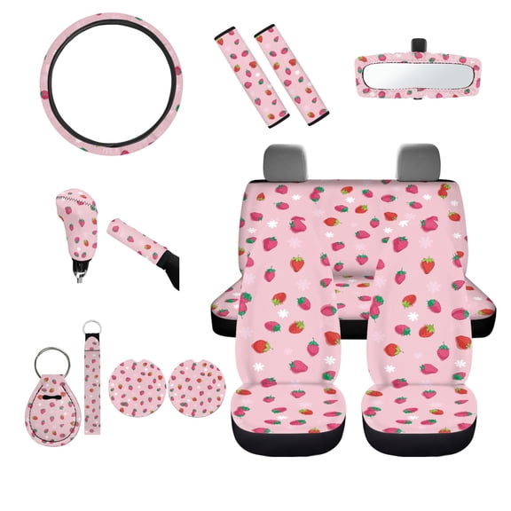 Jeiento Pink Strawberry 14 Piece Car Accessories Set for Women, Floral Seat Cover for Car Front and Back, Steering Wheel Cover Seatbelt Pads Keychains Auto Rearview Mirror Cover Handbrake Cover Set