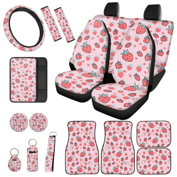 Jeiento Pink Strawberry Car Accessories Full Set for Women, Automotive Vehicle Seat Cover, Decorative Car Floor Mat Steering Wheel Cover Center Console Pad Universal Fit for SUV Van Truck Sedan