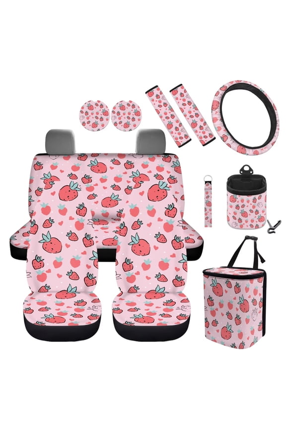 Pink Strawberry Car Seat Cover Set with Auto Steering Wheel Cover Seat Belt Strap Pads Cup Holder Trash Bag Air Vent Storage Bag Keychain 12 PCS Interior Auto Accessory Decoration