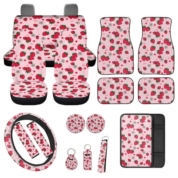 Jeiento Pink Strawberry Car Seat Cover Set Car Seat Cover Full Set with Car Floor Mats Steering Wheel Cover Seatbelt Cover Keychain 17 Pcs Auto Interior Accessories for Decor