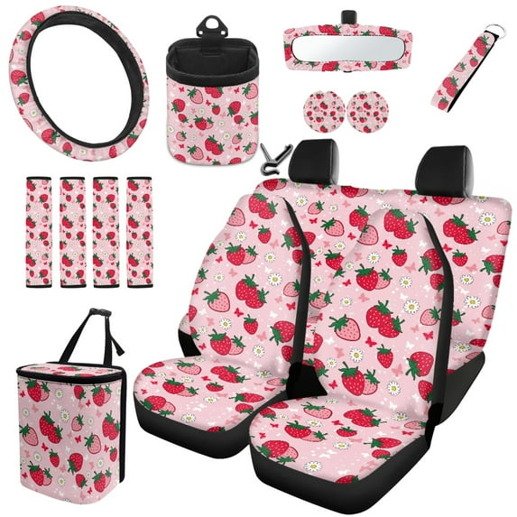 Jeiento Pink Strawberry Daisy Print Car Seat Cover Full Set 15 Pcs with Keychain/Rear View Mirror Protector/Coasters/Air Vent Cell Phone Holder/Steering Wheel Cover/Seat Belt Shoulder Pads/Trash Can