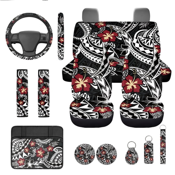 Jeiento Polynesia Flower 13 Piece Car Seat Cover Set with Steering Wheel Cover Seatbelt Strap Pad Armrest Pad Cup Coasters Key Chain Black Automobile Interior Sets Universal Fit for Most Vehicles
