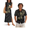 thumbnail image 1 of Jeiento Polynesia Flower Matching Beach Outfits for Couples Summer Sleeveless Dress for Women Loose Maxi Split Sundress with Pockets Mens Tropical Shirt Husband and Wife Vacation Clothing, Black, 1 of 6